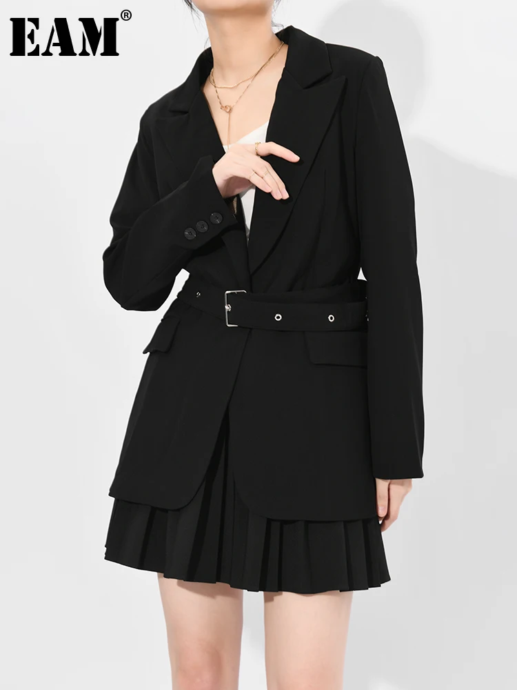 

[EAM] женский черный блейзер с поясом большого размера, новая свободная куртка с длинным рукавом, модная демисезонная 2022 1DD588701