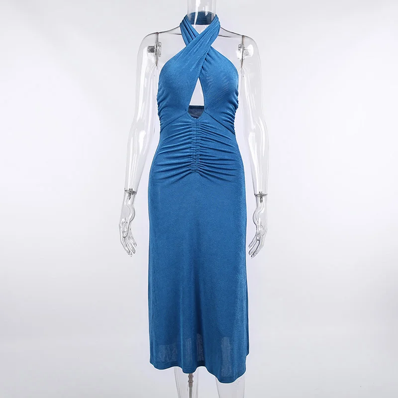 

Mozision Sexy Halter Hollow Out Midi Dress For Women Clothing Autumn Blue Backless Bodycon Knitted Ruched Dresses Fashion