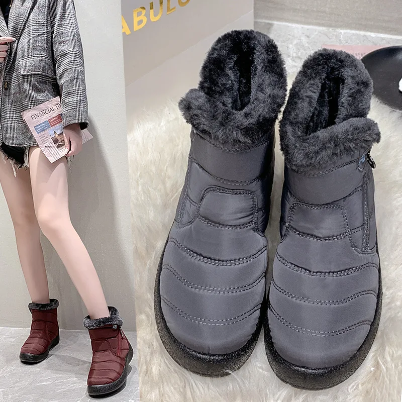 

Winter Boots Women Ankle Boots Cotton Fabric Femmes Bottes Plush Shoes Ladies Booties Waterproof Shoes Buty Damskie