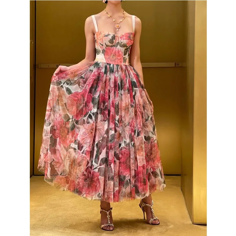 

She Beaty designer luxury midi dress women party flower printed mesh A-line Sexy boho de mujer chic paris dresses vestidos y2k