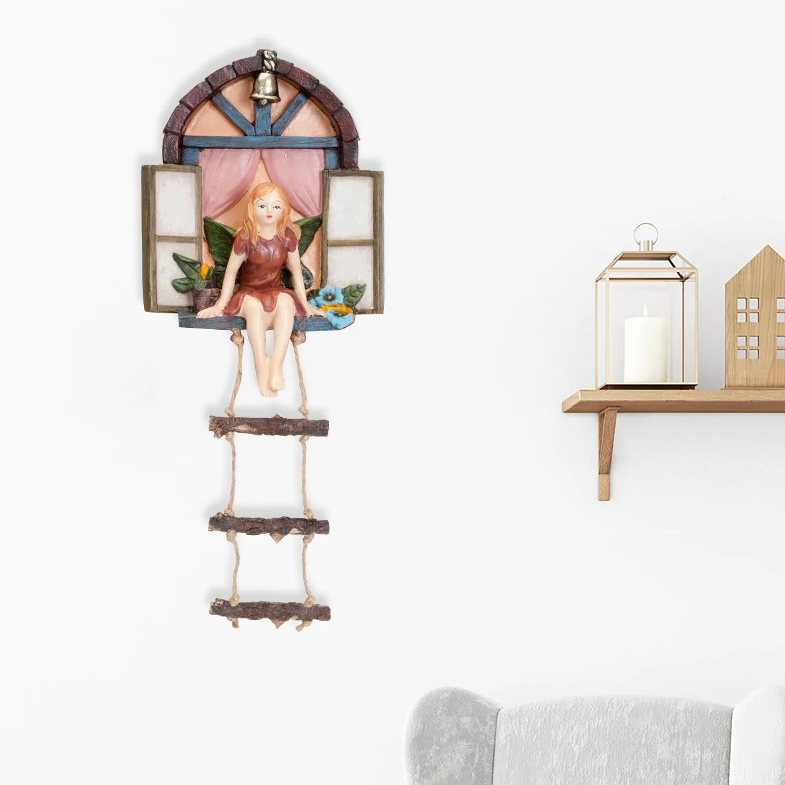 Сказочный домик дерево подвесная Скульптура Ручная роспись окно Сидящая фея с