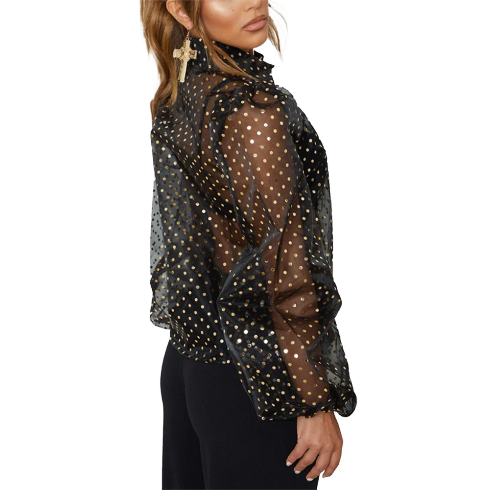 Модные женские сетчатые топы с оборками и пышными рукавами повседневные блузки в