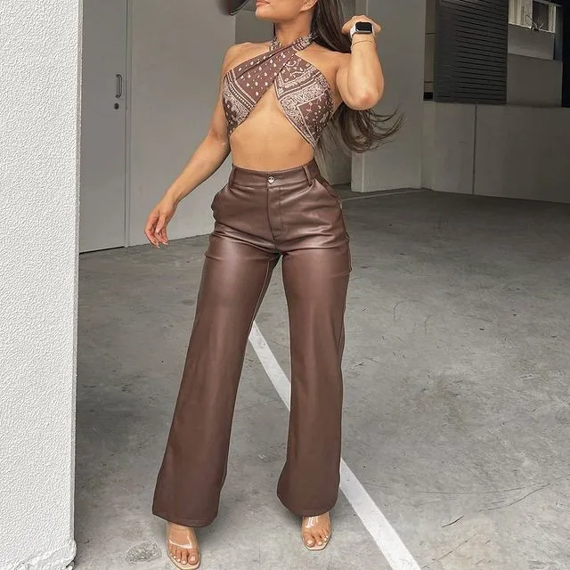 

Женские брюки-слаксы, Осенние пикантные Брюки с карманами, уличная одежда, облегающие брюки из искусственной кожи, прямые брюки с высокой та...