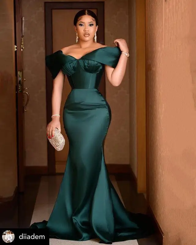 

Aso Ebi Hunter Green Mermaid Long Bridesmaid Dresses 2022 Off Shoulder Plus Size Arabic Junior Maid of Honor Wedding Guest gown