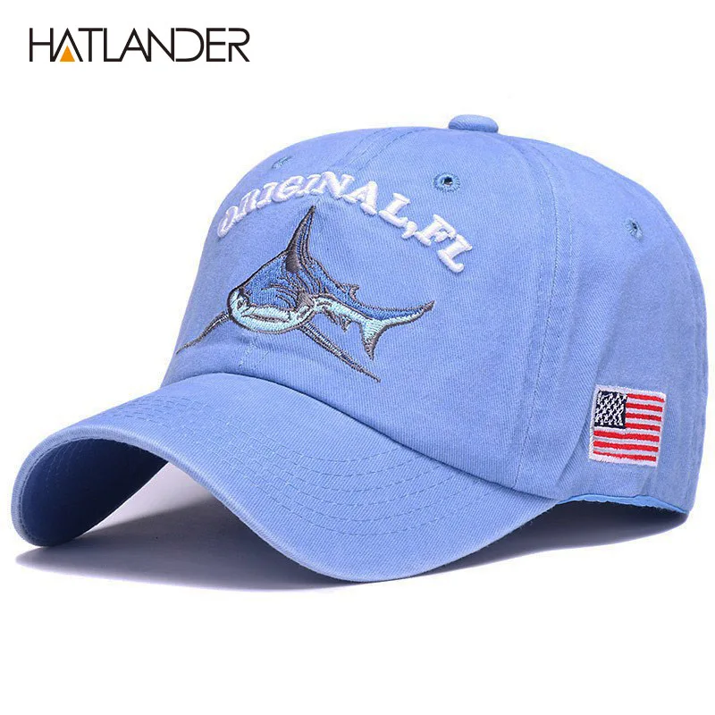blue HATLANDER Модная хлопковая бейсбольная Кепка с вышивкой Акула мужская шляпа винтажная Спортивная шляпа Открытый gorras регулируемая хип-хоп кепка - Цвет: blue