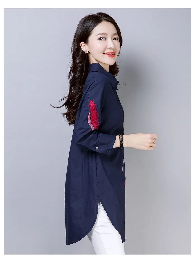 100% хлопок плюс размер перо вышивка Белая Длинная блузка для женщин 3/4 рукав