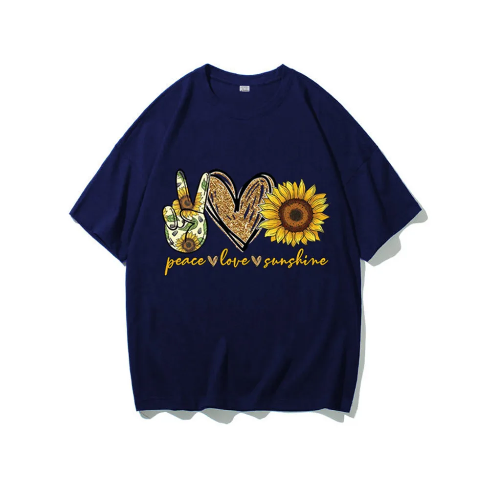 Women's Fashion Shirt Ladies Loose Top Plus Size Short Sleeve Summer Peace Love Sunshine Sunflower Printed Casual T-shirt | Женская