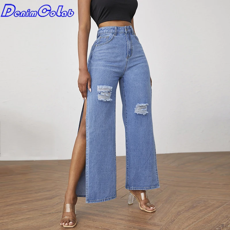 Модные широкие брюки DenimColab с высоким разрезом, женские повседневные свободные джинсы с дырками, женские уличные рваные джинсы, брюки из денима - изображение