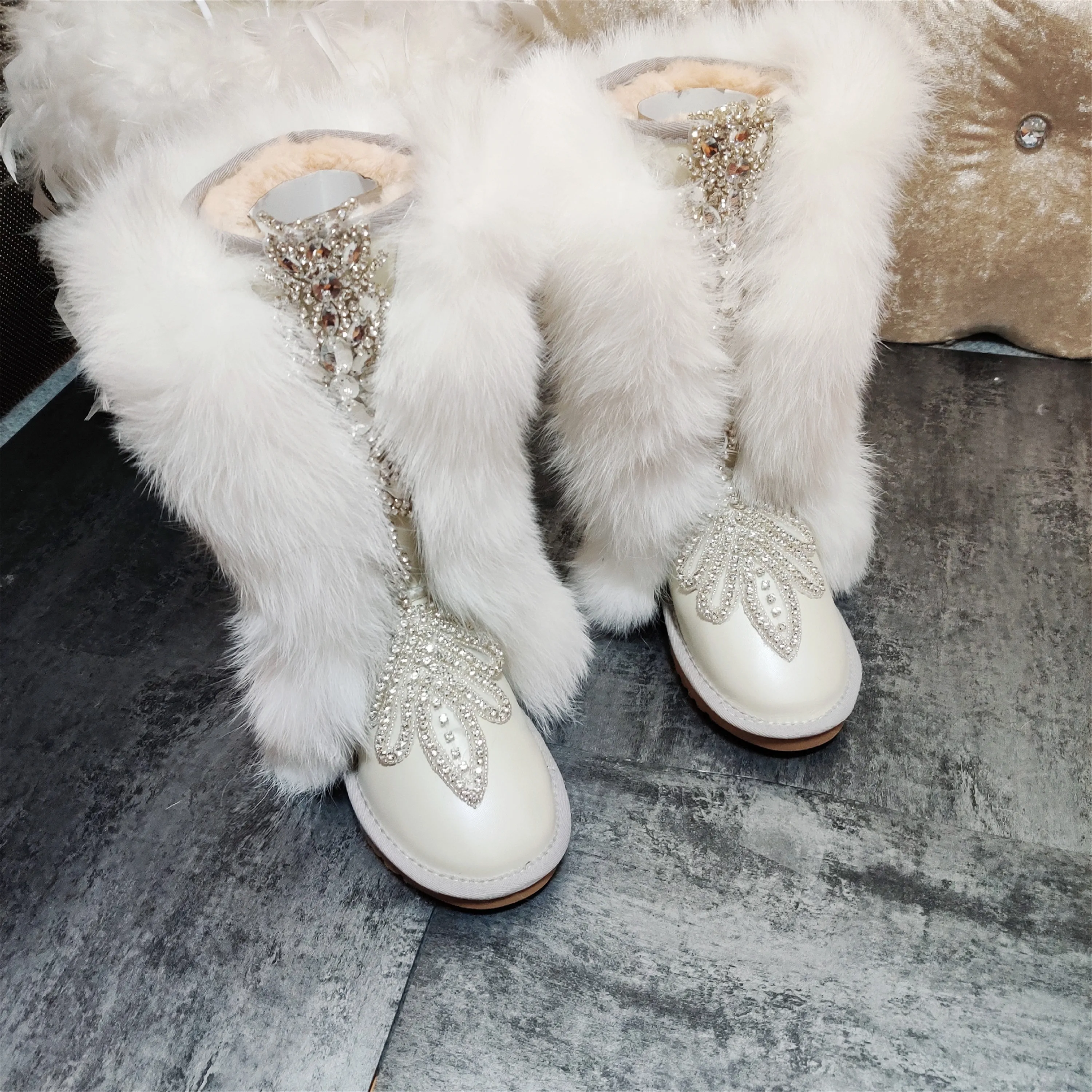 

Heavy industry fox fur high tube snow boots with rhinestones handmade thickened leather warm goddess cotton boots high tube