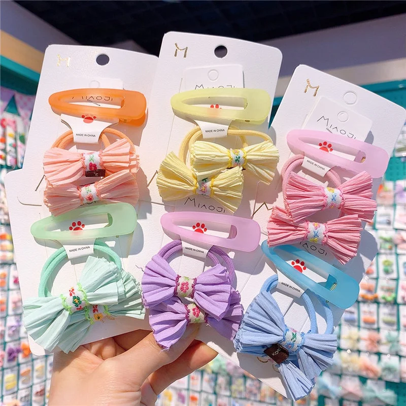 

3 Pcs New Children's Simple Jelly Color Water Drop BB Clip Sweet Girl Princess Fashion Fabric Bow Rubber Band Hair Accessories