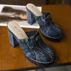 Женские джинсовые шлепанцы, синие сандалии без задника, на толстом высоком каблуке, с пряжкой, сланцы, для лета, 2021
