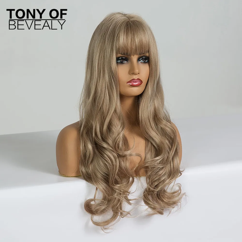 Длинные волнистые светло коричневые синтетические парики с челкой для женщин