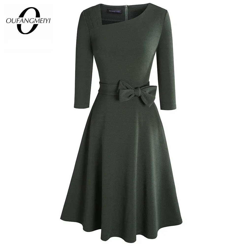 Элегантные Женские однотонные Цвет с бантом Асимметричный вырез Винтаж вечерние осеннее платье А Силуэт