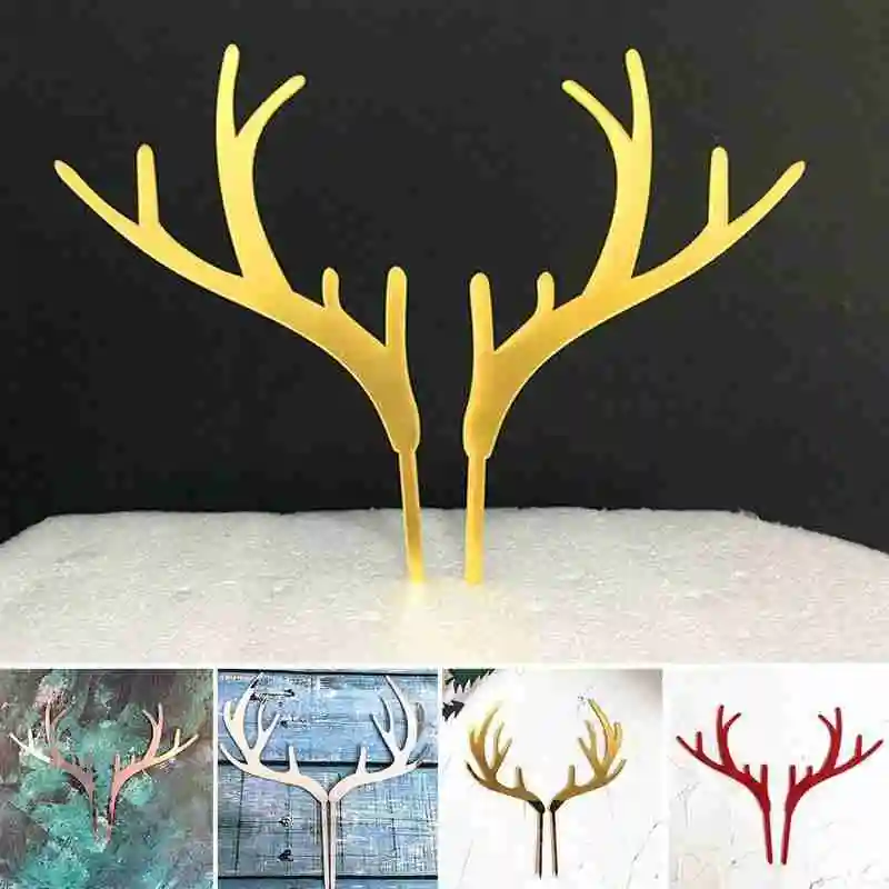 

Elk Antlers Cake Topper Dessert Decoration Acrylic Cake Decoration Card Christmas New Year Party Cake Decoration