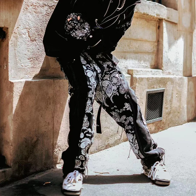 Мужские черные джинсы с принтом пейсли кешью мешковатые высокой талией