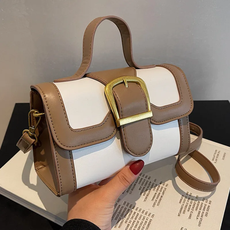 

Women new PU leather retro design shoulder bag high texture contrast color portable small square bag brand classic lock bags