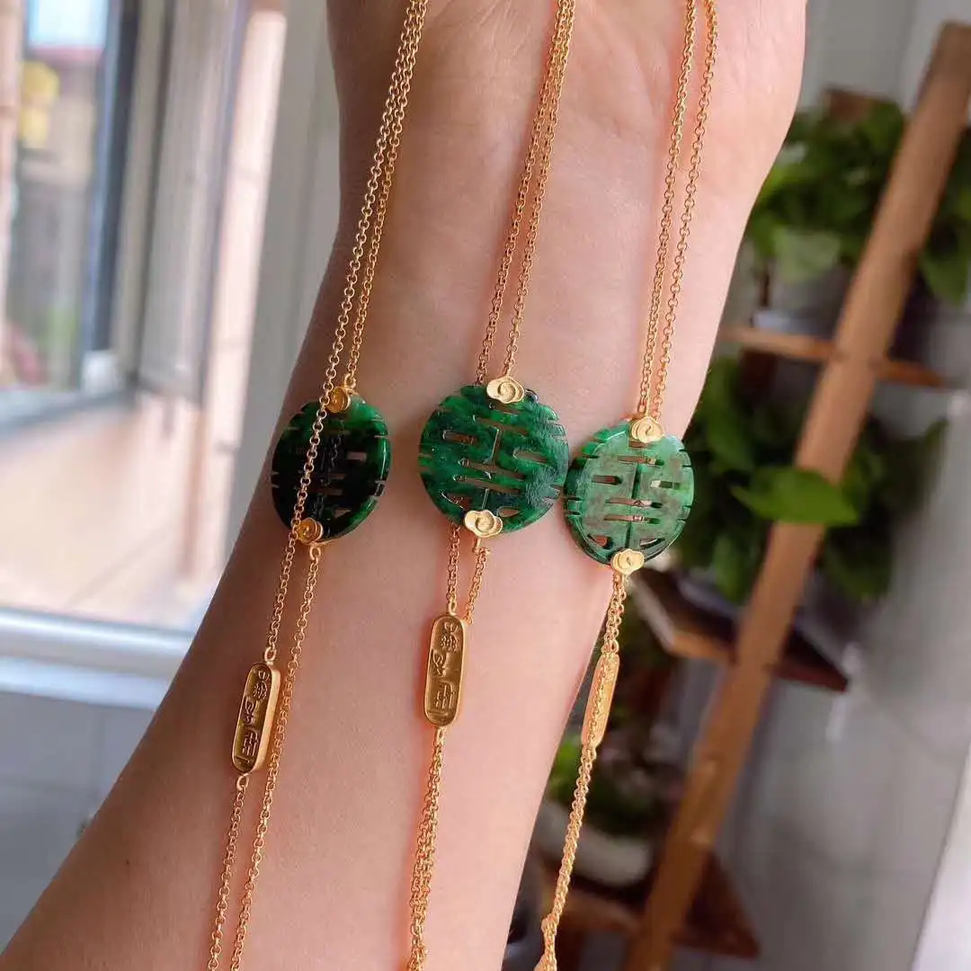 

Natural Hetian Jade Retro Style Sterling Silver Gilding Natural Emerald Safeness Ring Double Happiness Bracelet Female Carving I
