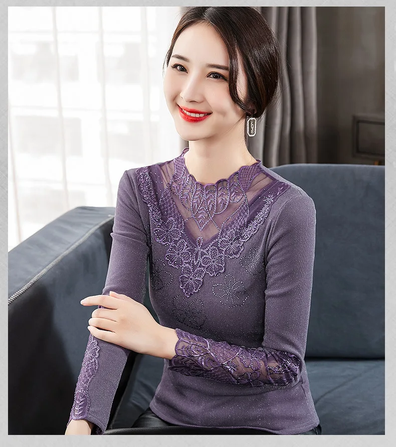 

Women's Winter Lace Shirt Mesh Blouse Thick Velvet Large Warm Embroidered Top Autumn Blusas Stitching Blouses Long Sleeve Shirts