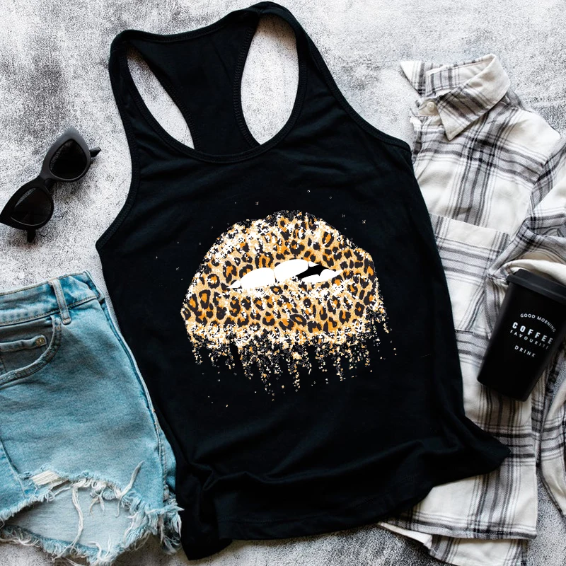 

Vest Leopard Dripping Lips Tank Vintage Women Sleeveless Yoga Workout Tops