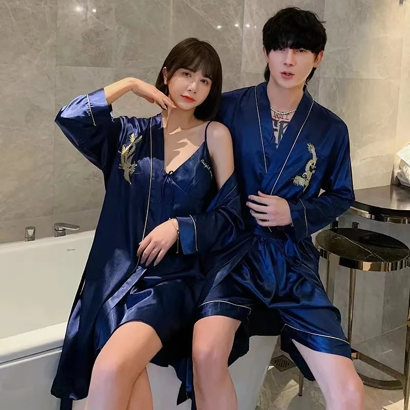 

Couple Pajama Set Homewear for Women Long Sleeve Silk Nighty Sleepwear Satin Pyjamas Bodysuits