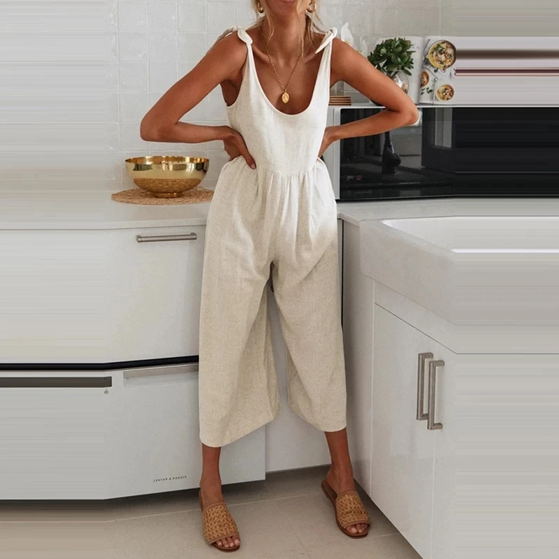 

Women Sexy Sleeveless Sling Jumpsuit 2021 Summer New Solid Color U-Neck Lace-Up Romper Female Loose Leisure Wear Beach Playsuits