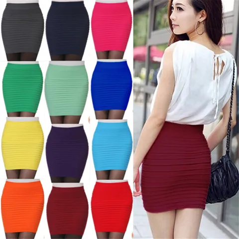 Women High Waist Bodycon Skirts Elastic Pleated Skirt Solid Summer Mini Skirt Female Office Short Pencil Skirts Business Dress
