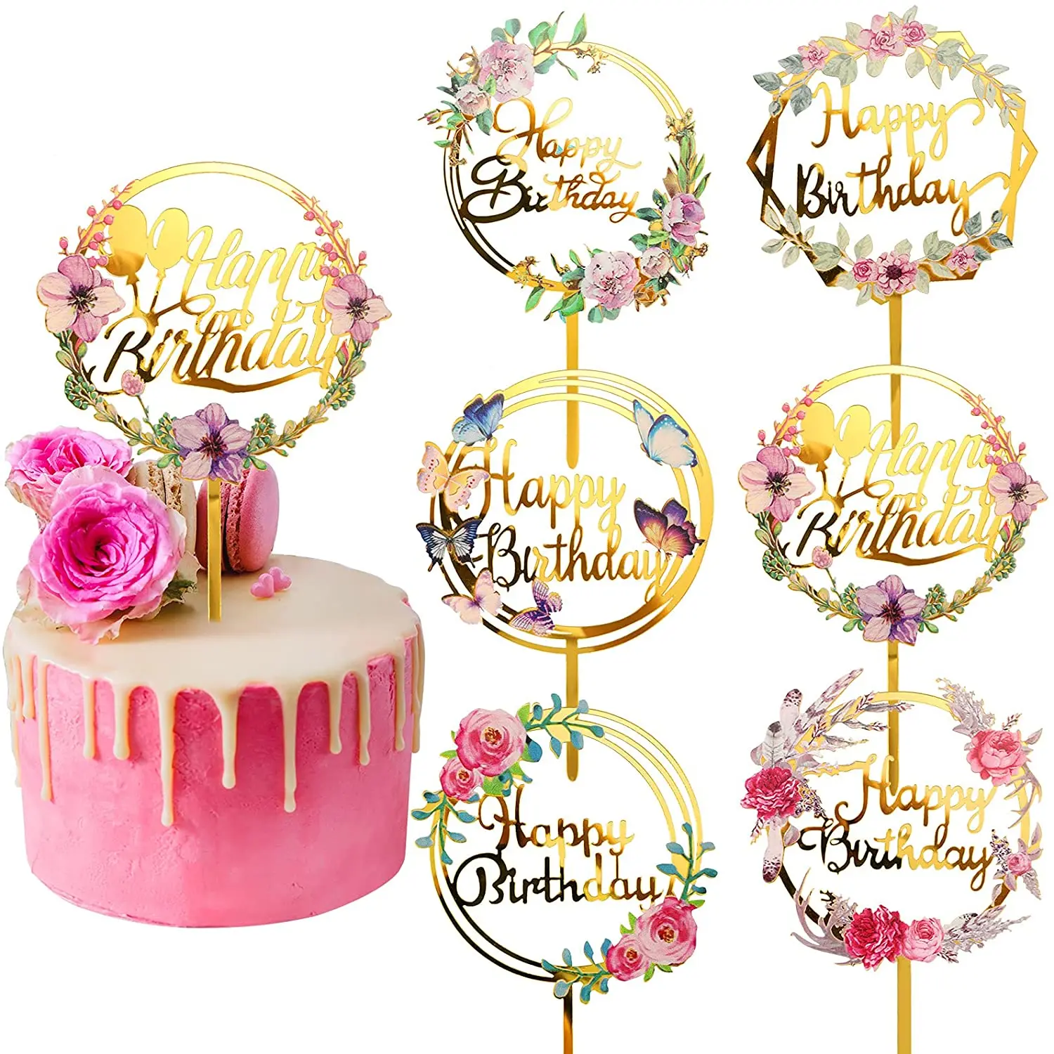 

6 Pieces Happy Birthday Cake Toppers Gold Flower Acrylic CupcakeTopper for Various Party Anniversary Cake Pastries Decorations
