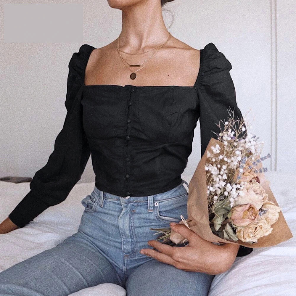 Женская Осенняя футболка облегающая квадратный воротник тройники сексуальные