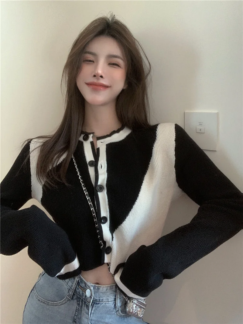 Стильный цветной вязаный кардиган с длинными рукавами женское весенне-осеннее