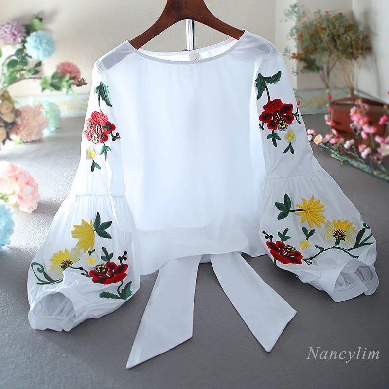 

Vintage Long Lantern Sleeve Shirt Woman High Waist Loose Bow Back Cropped Cotton Blusas Girl Lady All-Match Tops Nancylim