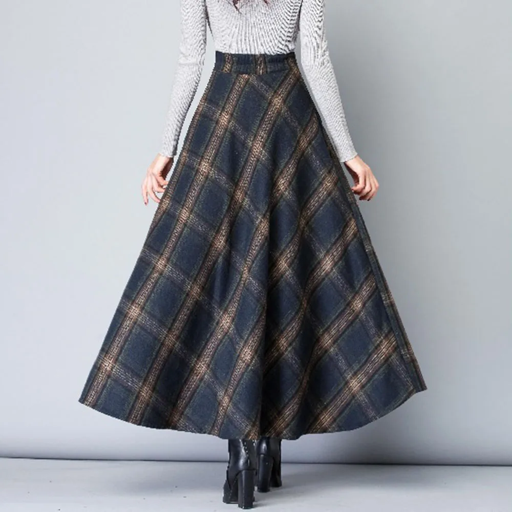 Осень зима теплая XXL Клетчатая Шерстяная Юбка Высокая талия для женщин
