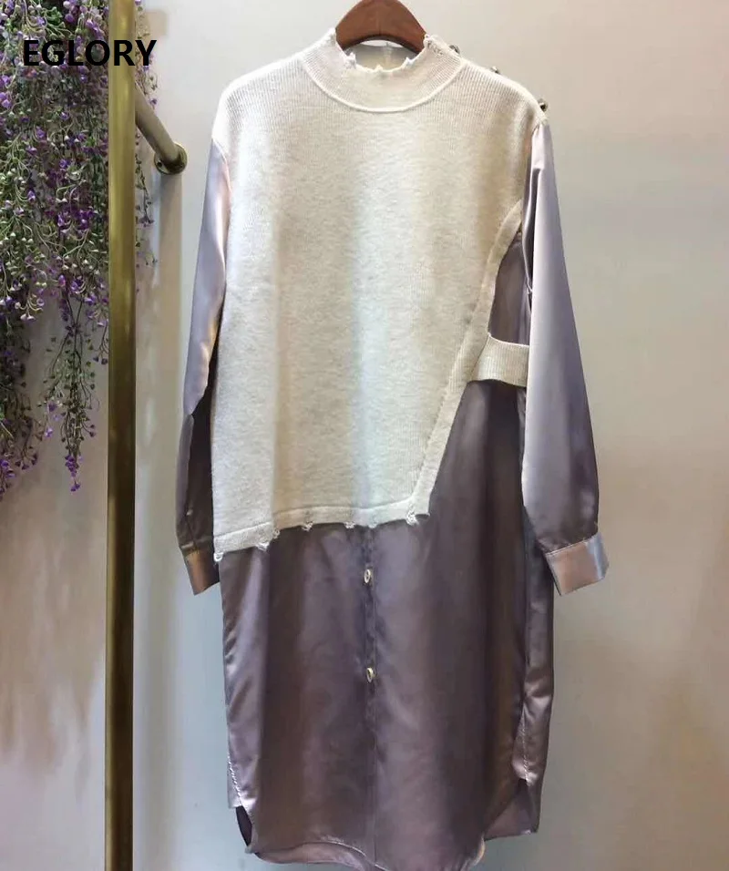 

New Korean Fashion Style Dress 2020 Autumn Winter Women Knitted Patchwork Buttons Deco Long Sleeve Purple Green Casual Dress OL