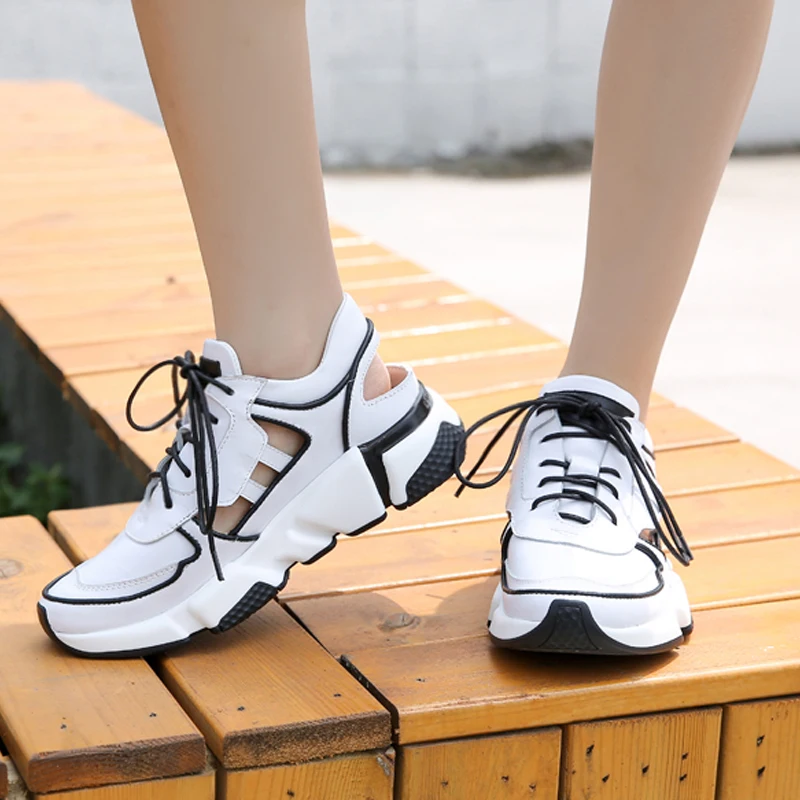 

Summer new style tide hollow out breathable cowhide women chunky sneakers mixed color fashion height increasing sport shoes
