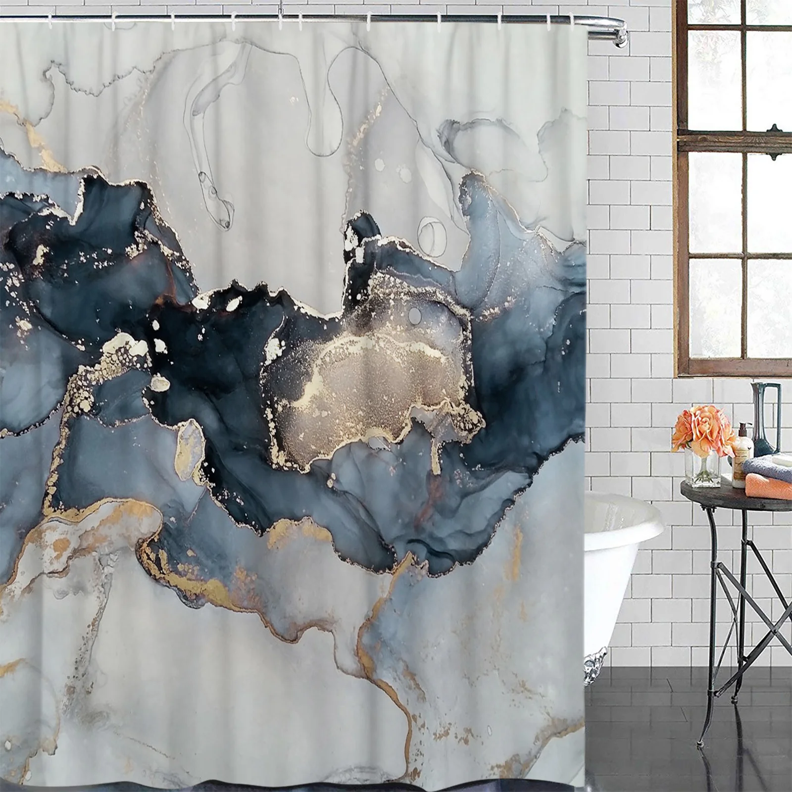 

Marble Texture Ink Painting Golden Lines Shower Curtain Polyester Fabric Waterproof Shower Curtains Modern Bathroom Curtain