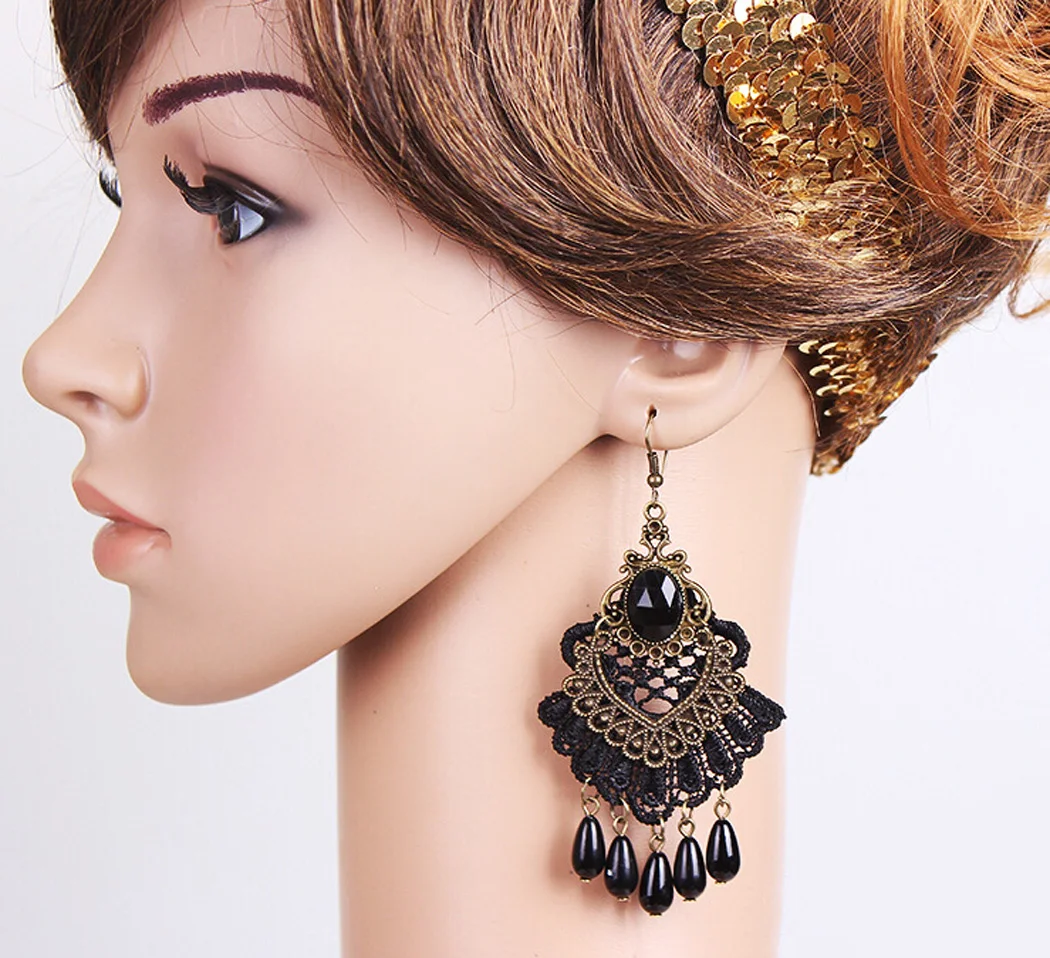 Винтажные черные кружевные висячие серьги на Хэллоуин для женщин ажурные