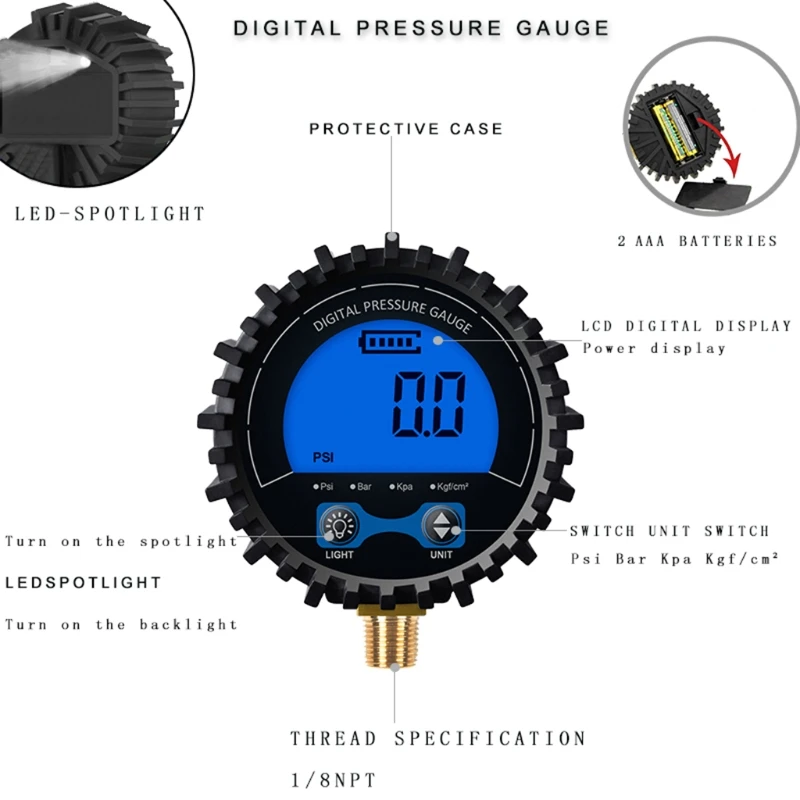 

Gas Pressure Gauge with Blue Background Light Accuracy 1% Rang to 200psi Tire