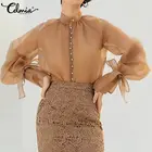 Женская прозрачная сетчатая блузка Celmia, стильный топ с длинными рукавами-фонариками, элегантная повседневная офисная рубашка