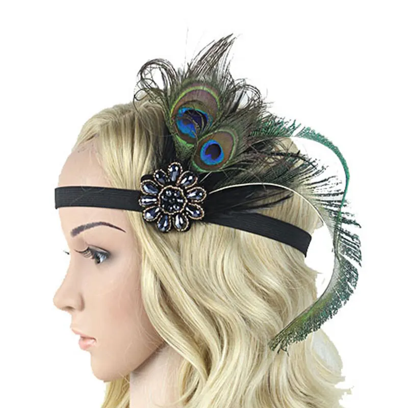 

Hair Accessories For Women Black Headband Rhinestone Tassel Vintage Party Headpiece Beaded Flapper Hair Feather Headband