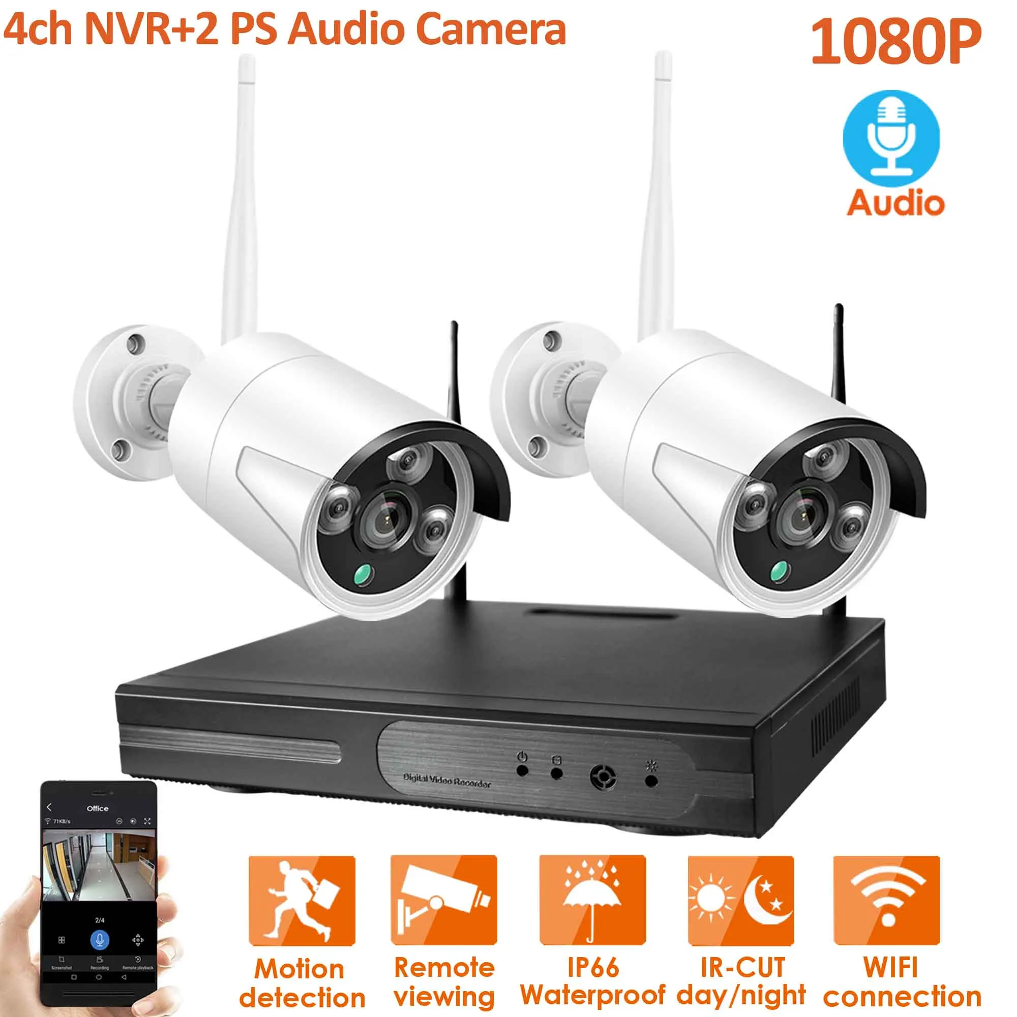 PlugandPlay 4CH 1080P Аудио Беспроводной NVR комплект P2P 720P Крытый Открытый ИК ночного видения безопасности 1.0MP IP камера wifi CCTV системы - Цвет: 1080P4CHNVR-2PC IPC