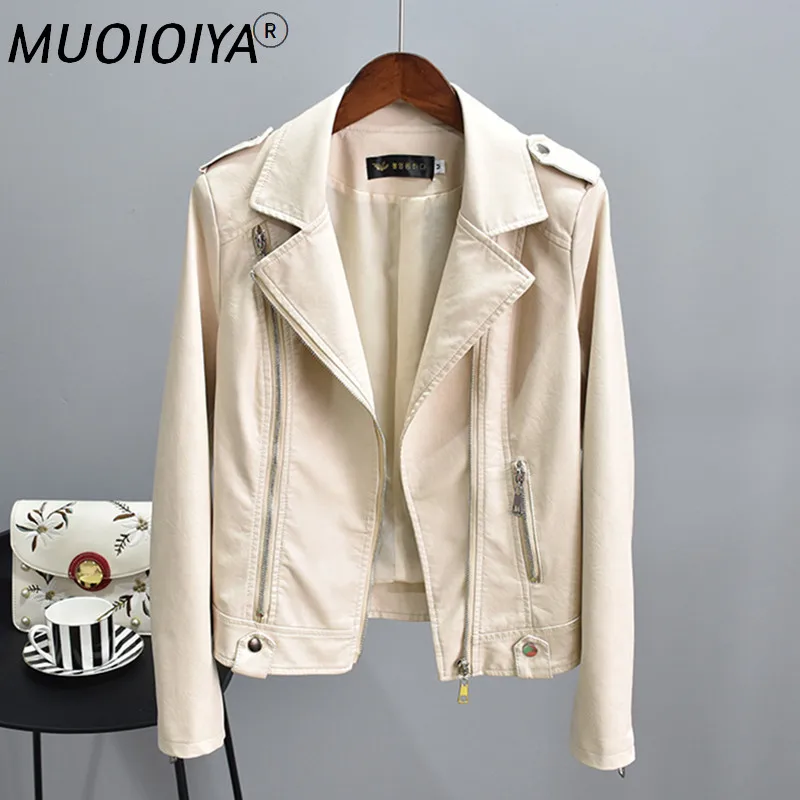 

Женская мотоциклетная кожаная куртка на молнии, черная или бежевая промытая куртка с длинным рукавом и воротником-стойкой, верхняя одежда д...