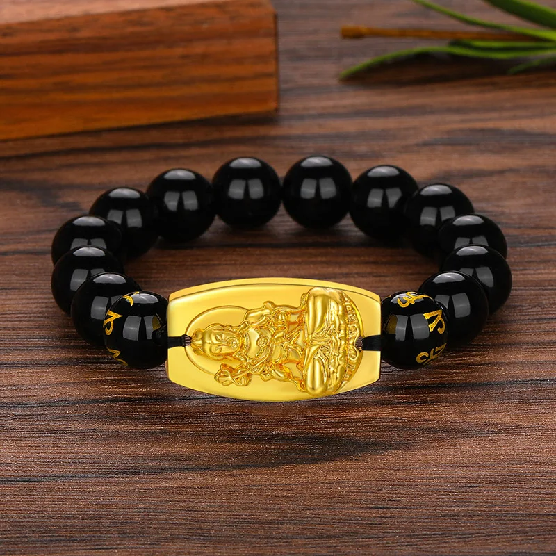 

Natural Obsidian Vietnam Shajin Natal Buddha Bracelets Eight Patron Saint Amulet Six-character Beads Bracelet Brand Jewelry