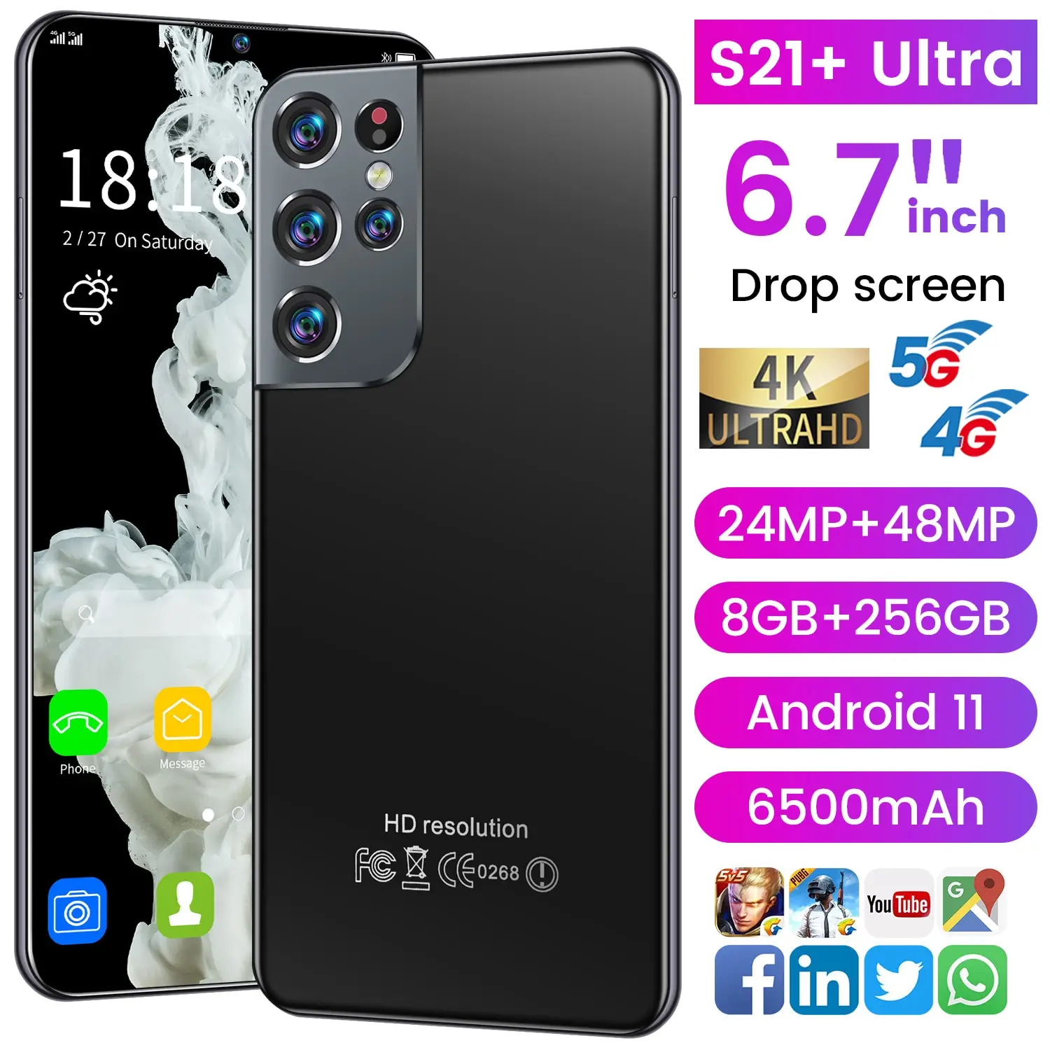 

S21+ Ultra 6.7 Inch Full Screen Face Unlock 12+512gb Andriod 11 Mobile Phone 24+48mp 6500mah 11 Core Smartphones Cell Phone