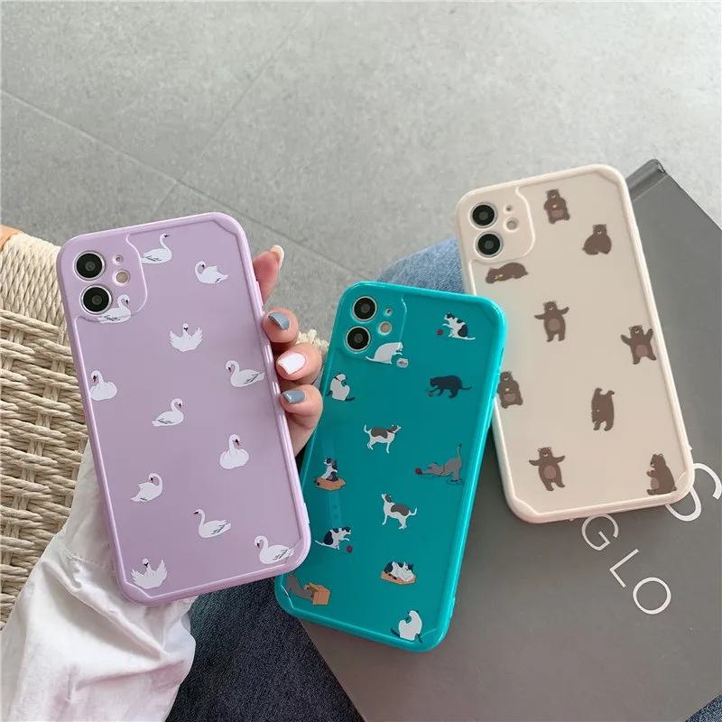 

Cute Cartoon Animals Straight Edge Phone Cases For iPhone 11 Pro Max Case 12 Mini XS XR X 7 8 Plus Silicone Soft TPU Cover Coque