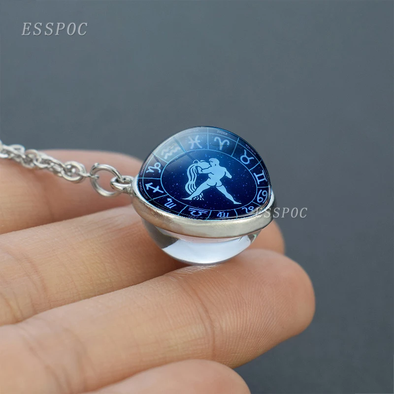 Женское двухбоковое ожерелье со стеклянным шариком 12 знаков зодиака серебряное
