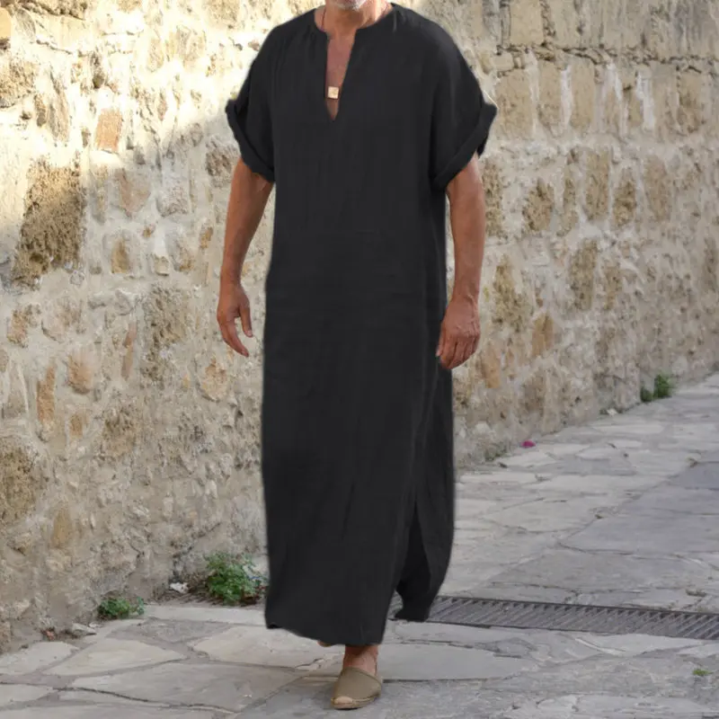 

S-5xl Plus Size Men'S Muslim Dress Men Dubai Black Robe Short Sleeve Line Loose Casual Design Maxi Dresses Clothes