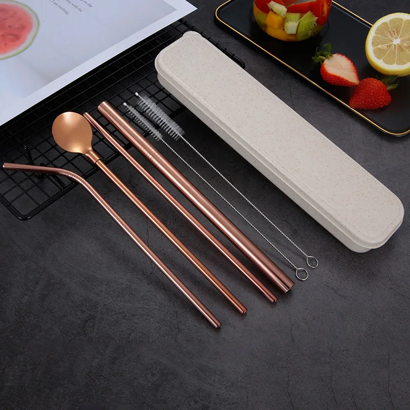 Rose Gold 7 шт/лот соломинки ложка трубочка для коктейля Питьевая соломенная сумка с очистителем 304 из нержавеющей стали, многоразовый солома - Цвет: Rose Gold