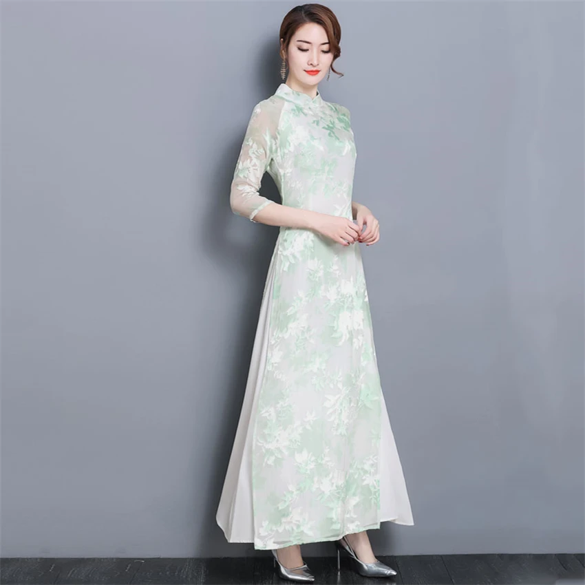 Женское традиционное платье Ципао элегантное с цветочным принтом из Вьетнама
