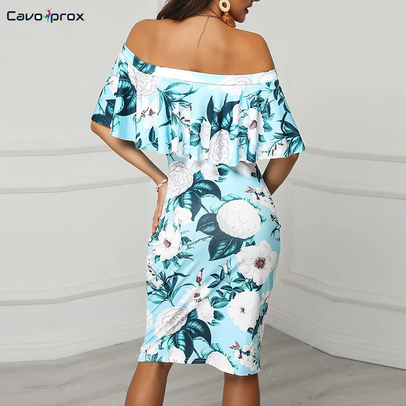 Женское облегающее платье с открытыми плечами и цветочным принтом уличная