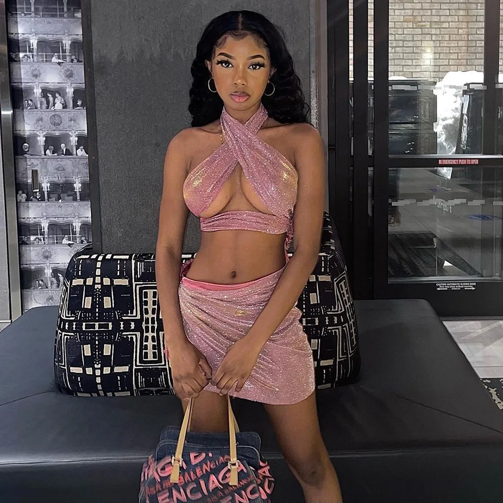 

wsevypo Shiny Glitters Matching Sets Chic Women Hollow-Out Halter Crop Tops+Lace-up Mini Skirt Party Club Lady Skirts Suits