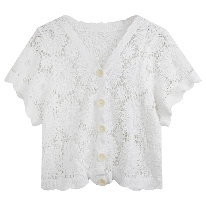 

Summer 2021 New T Shirts Women Korean Version of Thin V-neck Hollow All-match Cardigan T Shirts Short-sleeved Korean Chic Top